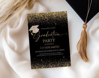 Editable Graduation Announcement Class of 2026 Black Gold Grad Invitation Digital Download 60GI