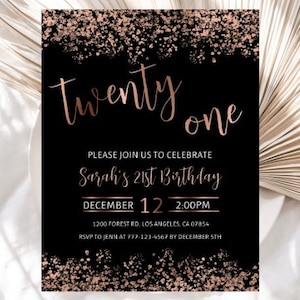 Editable Rose Gold Confetti 21st Birthday Invitation, Rose Gold Birthday Invite, Rose Gold Twenty One Birthday Dinner Invitation, 159BI