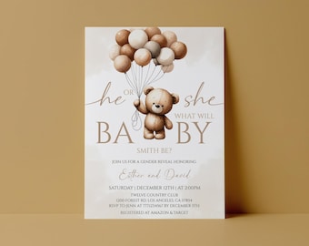 Gender Reveal Invitation Teddy Bear Balloons He or She Editable Digital Download