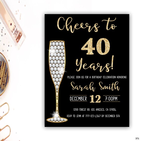 40th Birthday Invitation Gold Glitter Glam Invitation Etsy