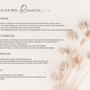 Op de afbeelding: Een instructieafbeelding met de titel WHAT YOU WILL RECEIVE met vier stappen: PURCHASE, EDIT TEMPLATE, DOWNLOAD en PRINT. Elke stap bevat een icoon en beschrijvende tekst. Rechts staat een bosje gedroogde beige tarwestengels.