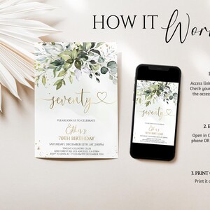 May include: A digital 70th birthday invitation template featuring green watercolor foliage and gold script text. The design includes the words 'seventy', '70th BIRTHDAY', and event details. A smartphone displays the same invitation design.