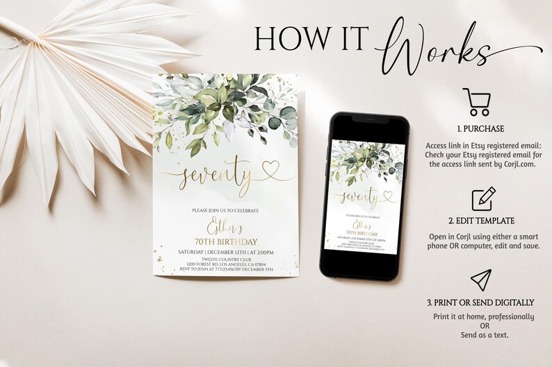 May include: A digital 70th birthday invitation template featuring green watercolor foliage and gold script text. The design includes the words 'seventy', '70th BIRTHDAY', and event details. A smartphone displays the same invitation design.