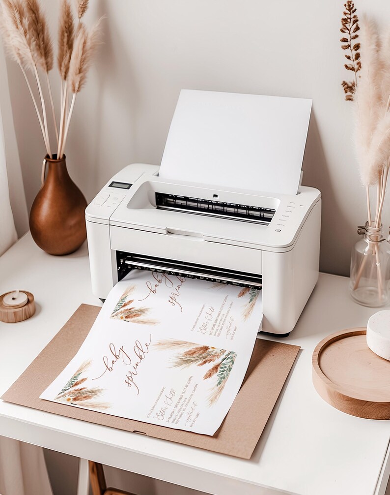 K&ouml;nnte beinhalten: Ein wei&szlig;er Drucker druckt Baby-Sprinkle-Einladungen. Die Einladungen haben ein Blumendesign mit den Worten "baby sprinkle" in einer Schreibschrift. Der Drucker steht auf einem wei&szlig;en Schreibtisch mit dekorativen Vasen und einem Holztablett.