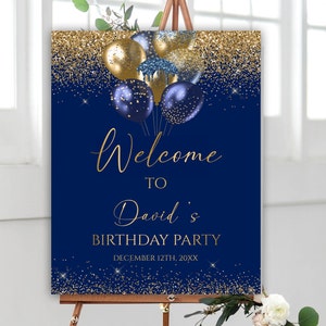 Editable Birthday Welcome Sign, Blue and Gold Balloons Birthday Welcome Poster, Glitter Confetti Birthday Decoration, 126BI
