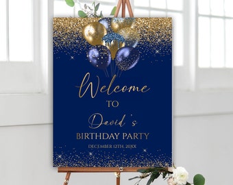 Editable Birthday Welcome Sign, Blue and Gold Balloons Birthday Welcome Poster, Glitter Confetti Birthday Decoration, 126BI