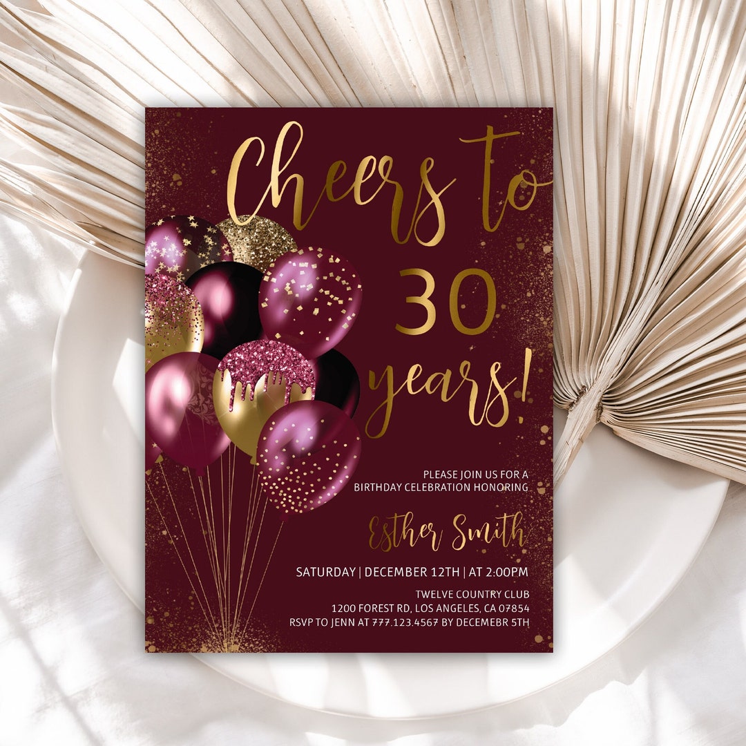 Printable 30th Birthday Invitation Template, Burgundy and Gold Glitter ...