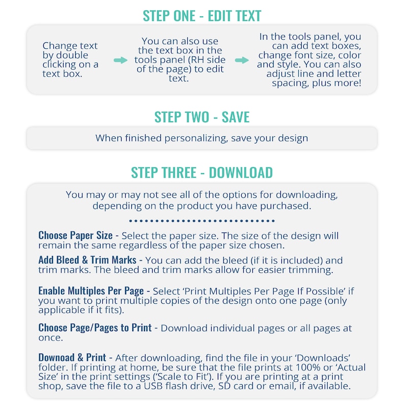 May include: An instructional graphic with teal headers titled STEP ONE - EDIT TEXT, STEP TWO - SAVE, and STEP THREE - DOWNLOAD. It provides detailed instructions on editing text boxes, saving designs, and downloading files with options for paper size.