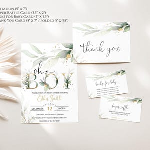 May include: A set of baby shower stationery with a botanical theme. The invitation reads "Oh Boy" and includes event details. Other cards say "thank you", "books for baby", and "diaper raffle". The design features watercolor leaves and gold accents.