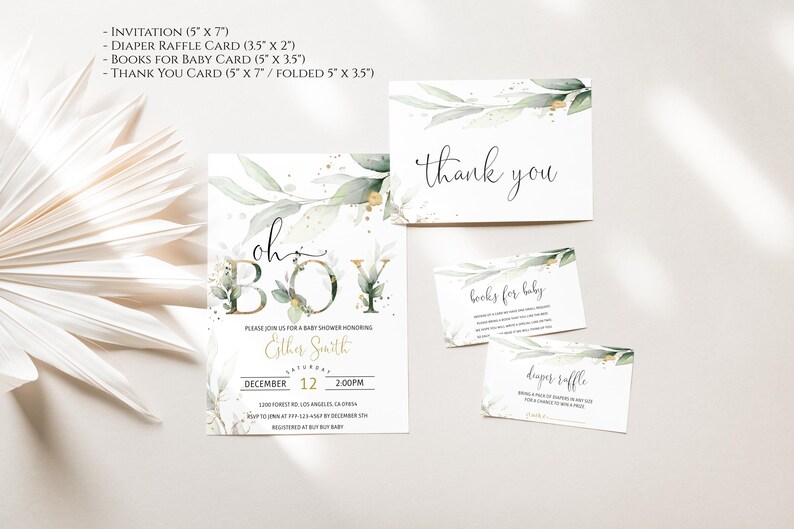 May include: A set of baby shower stationery with a botanical theme. The invitation reads "Oh Boy" and includes event details. Other cards say "thank you", "books for baby", and "diaper raffle". The design features watercolor leaves and gold accents.