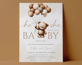 Gender Reveal Invitation Teddy Bear Balloons He or She Editable Digital or Printed