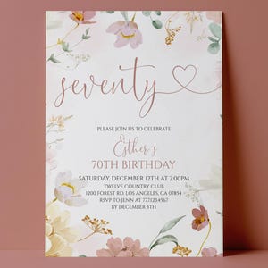 May include: A rectangular birthday invitation card featuring a white background with watercolor floral illustrations in shades of pink, yellow, and green. The text reads: seventy, Esther's 70th Birthday, Saturday, December 12th at 2:00PM, Twelve Country Club, 1200 Forest Rd. Los Angeles, CA 07854, RSVP to Jenn at 777.123.4567 by December 5th.