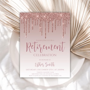 Retirement Invitation for Women, Rose Gold Retirement Party Invitation for Her, Instant Download, Editable Template, Printable, 08RI