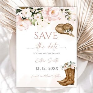 Editable Cowgirl Baby Shower Save The Date, Cowgirl Boots Save The Date Cards, Western Cowgirl Save The Date Template, 86BB