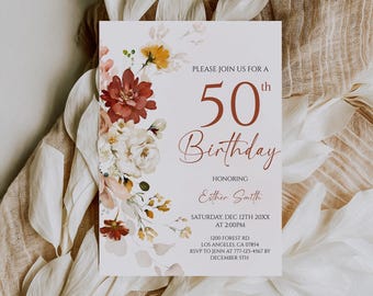 50th Birthday Invitation Boho Floral Editable Template for Women 17BI