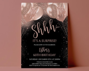 Surprise 60th Birthday Invitation for Women Rose Gold Editable Digital or Printed