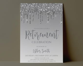 May include: A rectangular retirement celebration invitation card featuring a silver glitter drip effect at the top. The text reads: PLEASE JOIN US FOR A RETIREMENT CELEBRATION IN HONOR OF Esther Smith SATURDAY | DECEMBER 12TH | AT 2:00PM TWELVE COUNTRY CLUB.