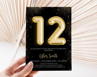 May include: A rectangular birthday invitation card featuring large gold balloon-style numbers 12 on a black background with gold glitter accents. The text reads: Please join us for a birthday celebration honoring Esther Smith, Saturday, December 12th.