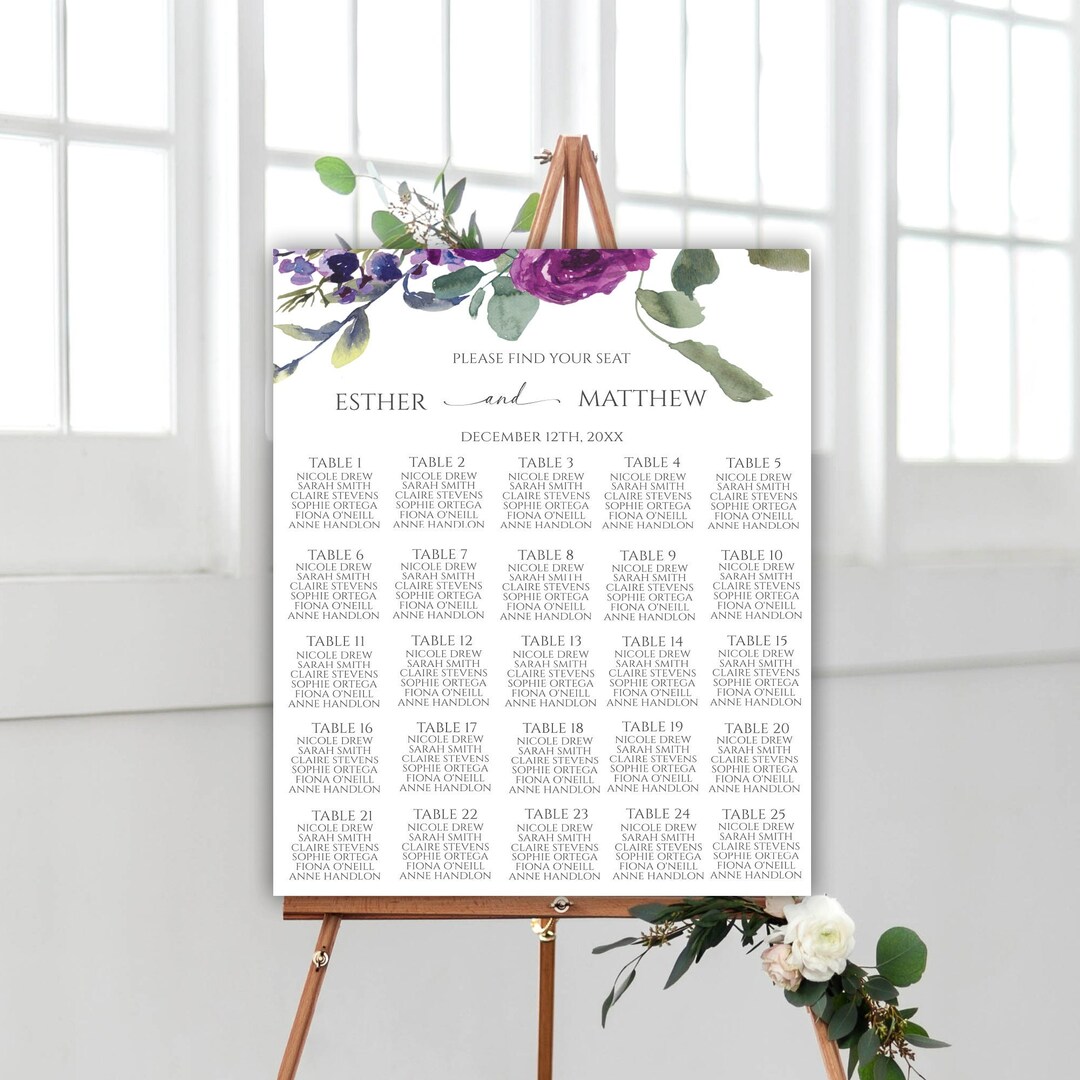 Editable Purple Floral Wedding Seating Chart, Lavender Flower Wedding