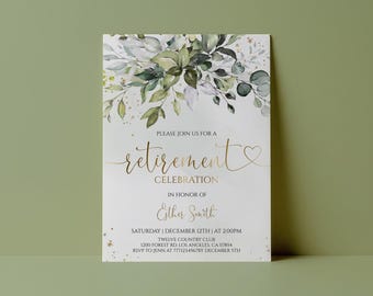 May include: A rectangular retirement celebration invitation card featuring a watercolor botanical arrangement of green and grey leaves at the top. The text reads: Please join us for a retirement celebration in honor of Esther Smith, Saturday, December 12th at 2:00PM, Twelve Country Club, 1200 Forest Rd. Los Angeles, CA 90854, RSVP to Jenn at 7771234567 by December 5th.