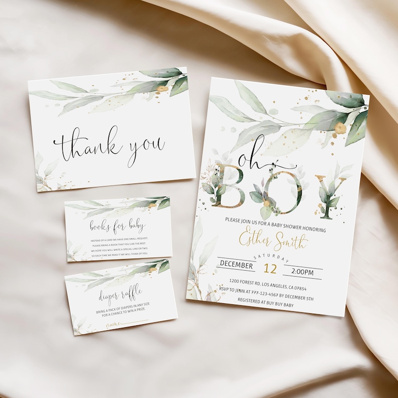 Oh Boy Baby Shower Invitation Bundle Greenery Editable Instant Download
