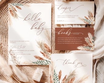 Hello Baby Shower Bundle Template Boho Pampas Invitation Set Editable Corjl 26BB