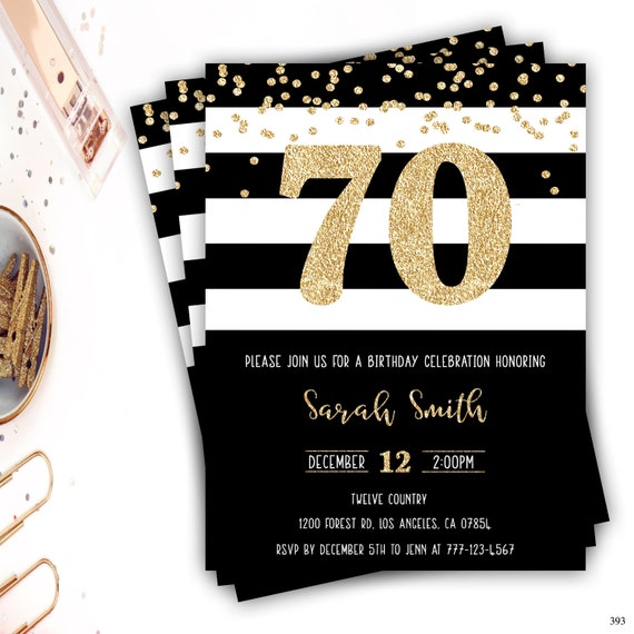 70 Compleanno Inviti Compleanno Per Adulti Inviti Oro E Nero Invito Invito Coriandoli Cheers A 70 Anni