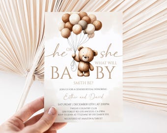 Editable Teddy Bear Balloons Gender Reveal Invitation He or She Printable Instant Download 54BB