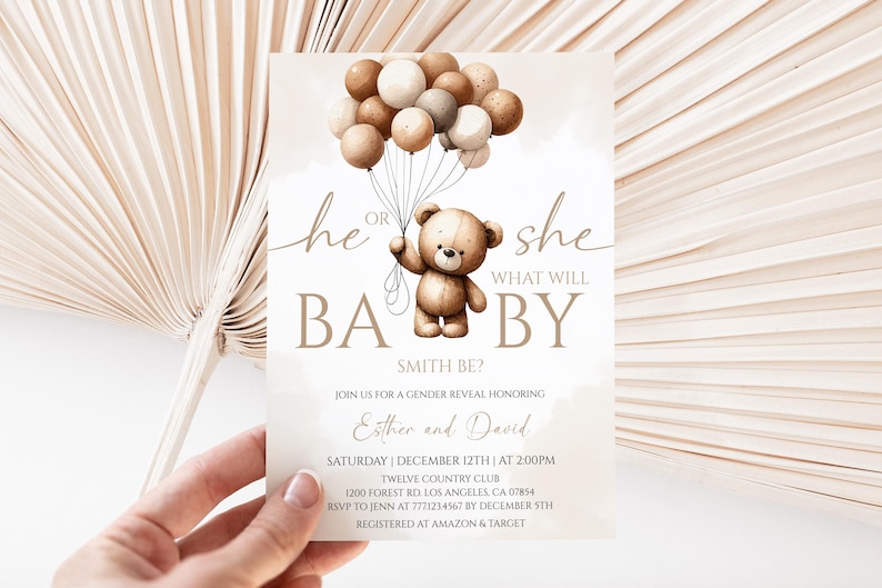 Editable Teddy Bear Balloons Gender Reveal Invitation He or She Printable Instant Download