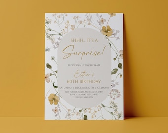 Surprise Birthday Invitation Wildflower Floral Party Invite Editable Instant Download