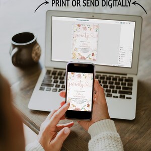 May include: A laptop and a smartphone displaying a floral 70th birthday invitation template with the text "seventy" and "Ella's 70th Birthday". The screen displays the invitation design with pink and yellow flowers on a white background.