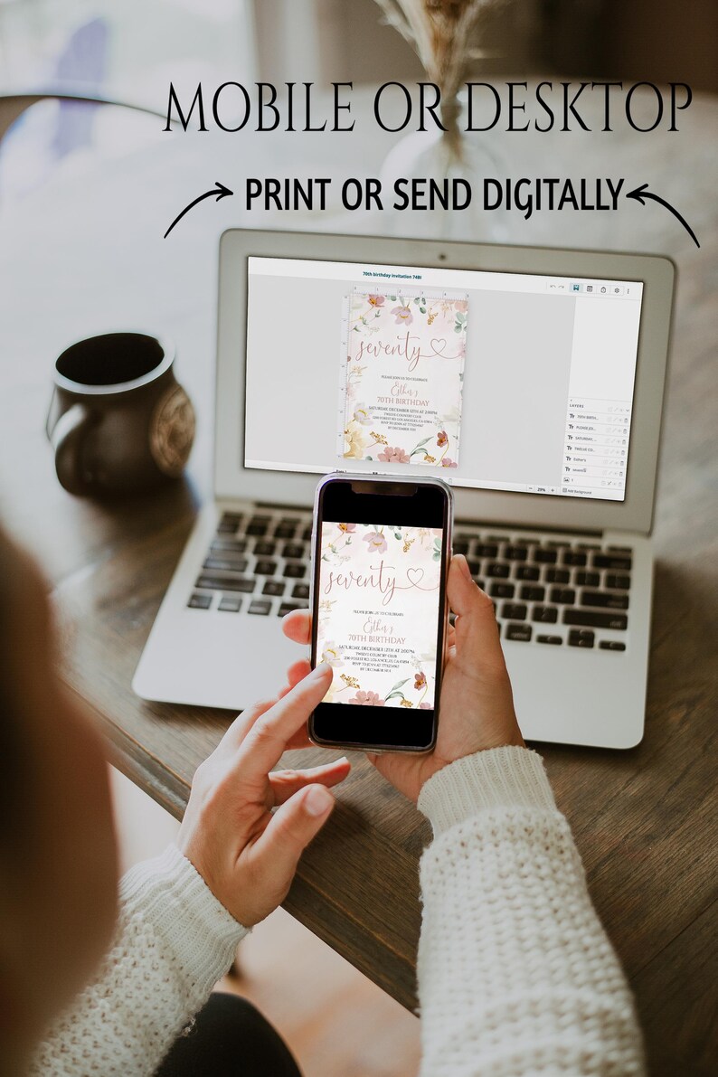 May include: A laptop and a smartphone displaying a floral 70th birthday invitation template with the text "seventy" and "Ella's 70th Birthday". The screen displays the invitation design with pink and yellow flowers on a white background.