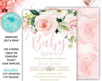 Floral Baby Brunch Invitation Girl, Blush Pink Baby Brunch Invitation Template, Printable Invitation, Instant Download, 01