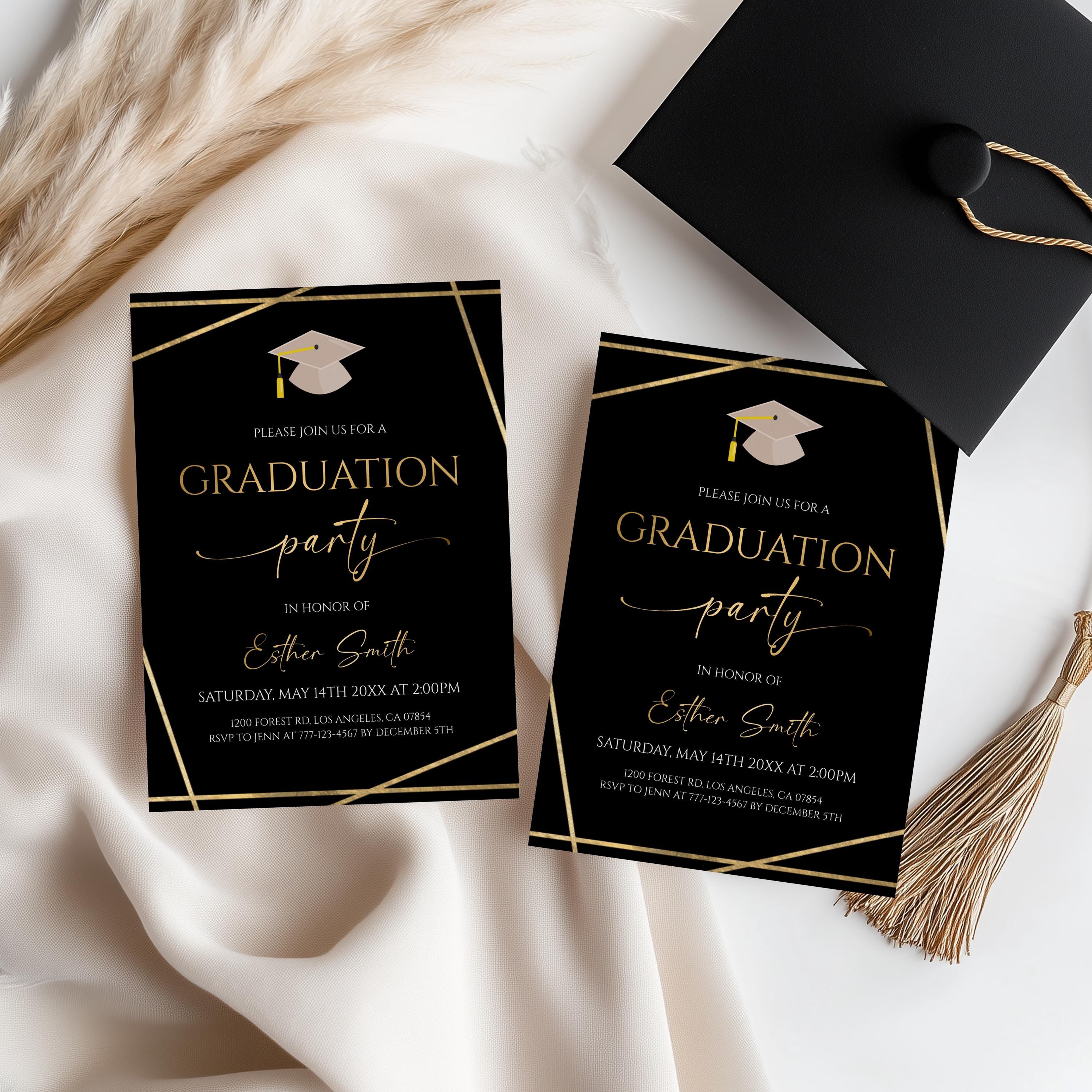 Editable Black Gold Graduation Invitation Class of 2026 Grad ...