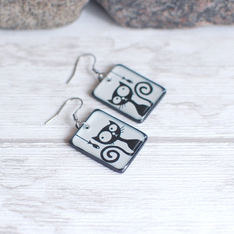 Funny Cat Earrings Black Cat Jewelry Cat and Fish Drop Etsy