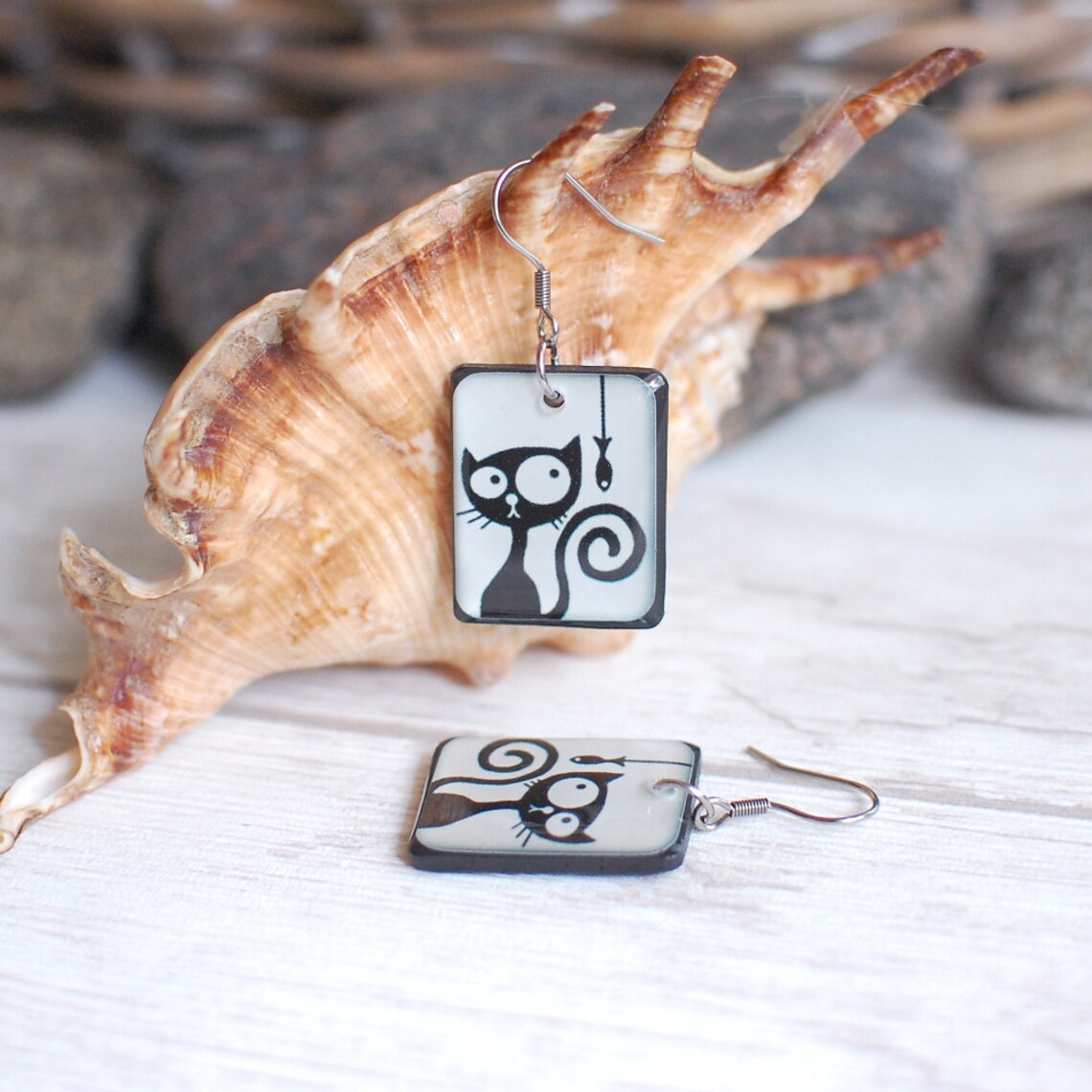 Funny Cat Earrings Black Cat Jewelry Cat and Fish Drop Etsy