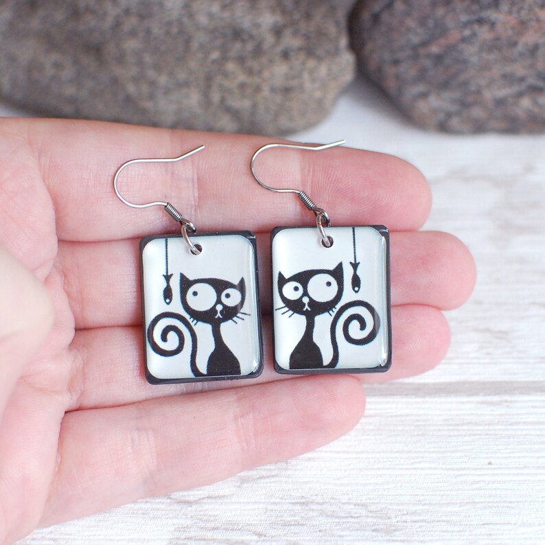 Funny Cat Earrings Black Cat Jewelry Cat and Fish Drop Etsy