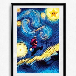 Mario Starry Night Gloss/Holo 11x17 Art Print +FREE SHIPPING // Super Mario Game Room Wall Decor, Gamer Gift // Tribute to Gaming & Van Gogh