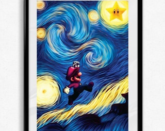 Mario Starry Night Gloss/Holo 11x17 Art Print +FREE SHIPPING // Super Mario Game Room Wall Decor, Gamer Gift // Tribute to Gaming & Van Gogh