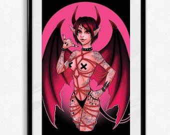 Shibari Tattooed Succubus 11x17 Print // Gothic Monster Girl Holographic Poster // Tattoo BDSM Demon Devil Girl OC Art