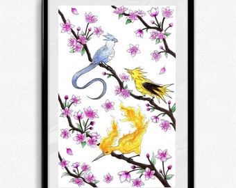 Pokemon Legendary Birds 11x17 Art Print + FREE SHIPPING // Articuno, Zapdos, Moltres // Pokemon Watercolor Game Room Wall Decor, Gamer Gift