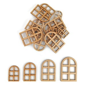 May include: A set of 15 unfinished wooden arched window cutouts in various sizes. The cutouts have a grid pattern and are perfect for crafting projects.