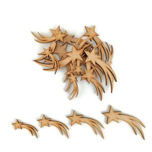 May include: A pile of wooden cutout shooting stars in various sizes. The stars are a light brown colour and have a simple design. There are also three individual shooting stars at the bottom of the image.