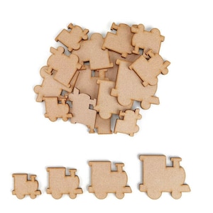 May include: A pile of unfinished wooden train engine shapes, with four larger shapes in a row below. The shapes are all the same size and shape, with a rounded top and a rectangular base. The shapes are a light brown colour.