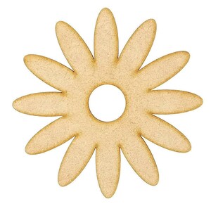 May include: A wooden cutout of a daisy flower with 12 petals and a hole in the center. The flower is light brown in color.