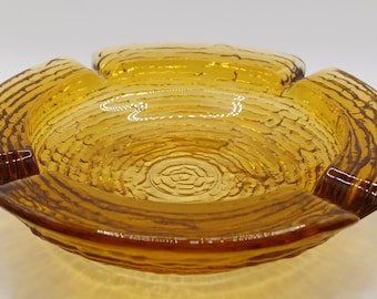 Anchor Hocking Glass Ashtray / Amber Honey Gold / Vintage / Ribbed / 6" Diameter