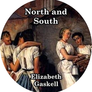Puede incluir: Una ilustración de portada de libro vintage con cuatro mujeres vestidas con vestidos blancos. El título "North and South" está escrito en negro en la parte superior de la portada. El nombre del autor, "Elizabeth Gaskell", está escrito en negro en la parte inferior de la portada.