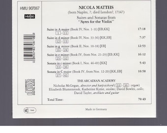 Nicola Matteis / Ayres For The Violin / CD / Nicholas McGegan / Arcadian Academy / 1992