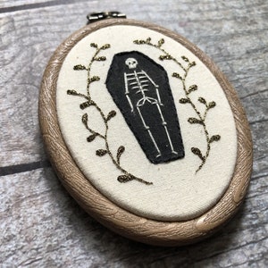 Mini Skeleton Coffin Embroidery Vines Memento Mori 2.5x3.5 inch