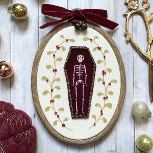 Festive Velvet Skeleton Coffin 4x5" Embroidery Hoop